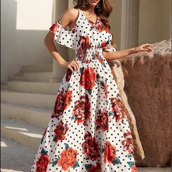 Dresses & Skirts - Polka Dot Floral Print Cold Shoulder Shirred Backless Cottagecore Maxi Dress